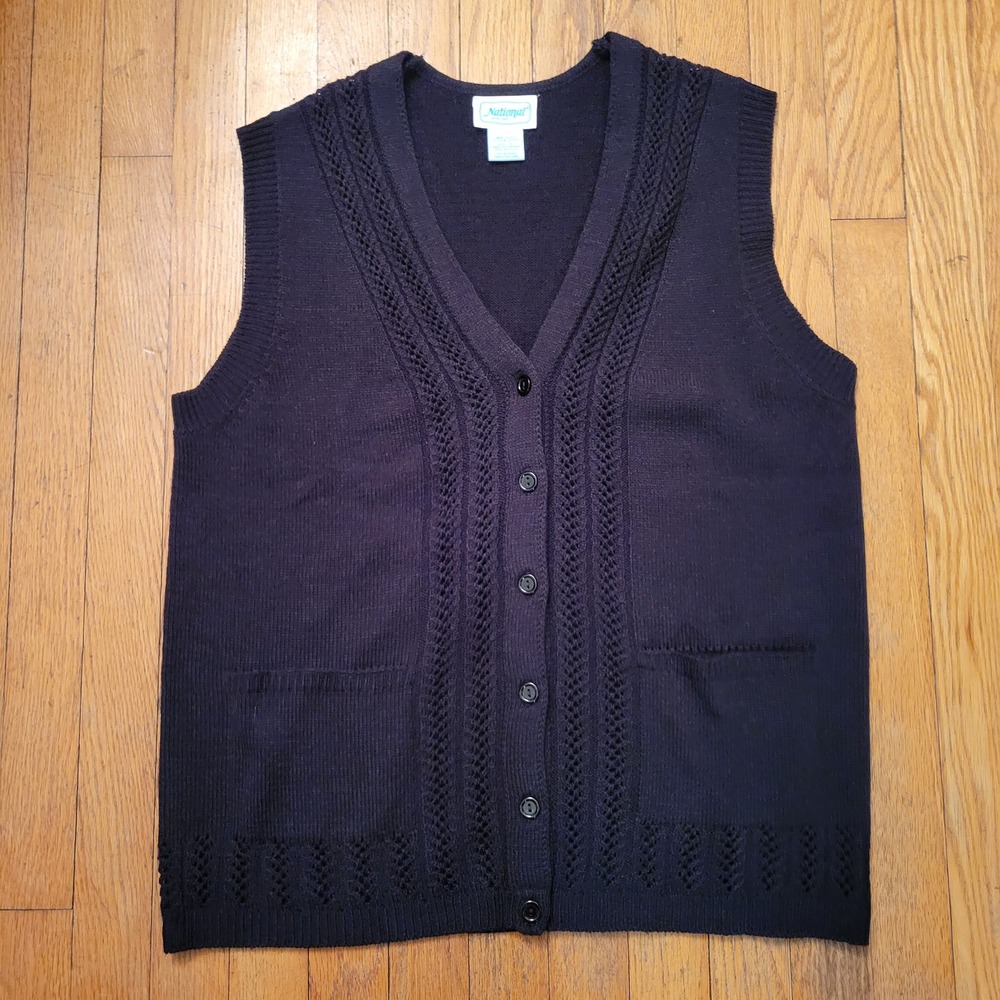 National Black Button Front Cardigan Sweater Vest Knit L Granny Cottage Academia
